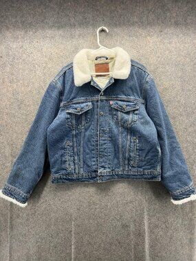 Levi's Premium Jacket Mens XL Blue Denim Sherpa Lined Trucker Button Pockets